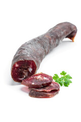 Wall Mural - Delicacy dry smoked beef sausage isolated on white