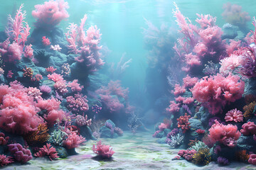 Wall Mural - Background underwater coral reef with vibrant colors like coral pink, turquoise, and seafoam green, with intricate coral formations and tropical fish creating a colorful and lively underwater world.