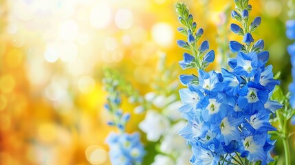 Poster -  A bunch of blue and white flowers in front of a yellow and white bouquet Flowers of similar hues are arranged before a yellow bouquet against a blurred, ambiguous background