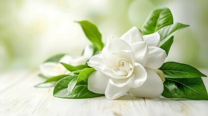 Wall Mural -  A white flower atop a white wooden table Nearby, a leafy green plant rests Both sit against a blurred background