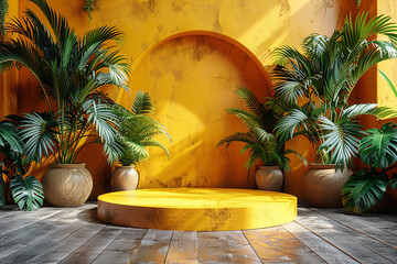 Wall Mural - One layer big size orange round pedestal podium that rounded edges and orange rings background