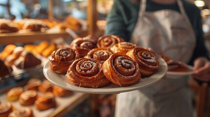 Wall Mural - Close up of woman holding plate with swirl buns in a bakery shop,