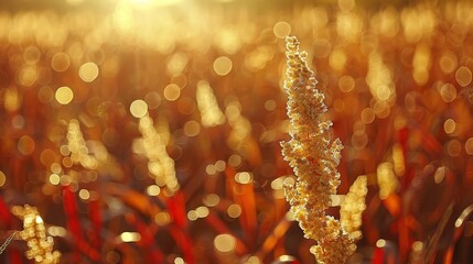  A close-up of a plant in a field, sun shining through grass blur Foreground grass gently blurred