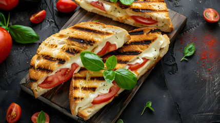 Wall Mural - Pressed and toasted panini caprese with tomato, mozzarella and basil, Caprese Panini Sandwich. Delicious breakfast or snack, Clean eating, dieting, vegan food concept. top view