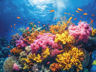 Wall Mural - A colorful coral reef with many different types of fish and sea creatures. The colors are bright and vibrant, creating a lively and energetic atmosphere