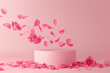 © Abul - Minimal background, mock up with podium for product display, Abstract white geometry shape background minimalist Valentine's day pink background,