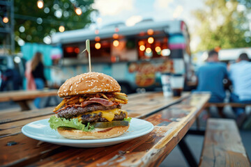 A juicy burger with a patty, cheese, and bacon on a plate on a wooden table at a gastronomic festival. Perfect for advertising food trucks, street food, and culinary events.