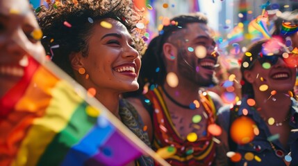 Sticker - A group of people are smiling and holding rainbow flags