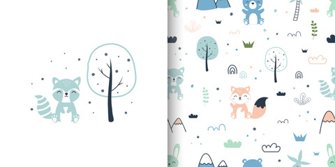 Wall Mural - Seamless pattern with cute animals and forest. Cute woodland animals. For fabric, textile, wallpaper, wrapping, kids apparel