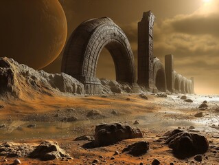 Wall Mural - A desolate landscape with a large, twisted bridge and a large, round object in the sky. Scene is eerie and mysterious