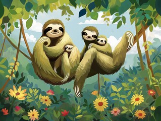 Canvas Print - A family of sloths are hanging out together in a lush green forest. Scene is peaceful and serene, as the sloths are enjoying each other's company in a beautiful natural setting