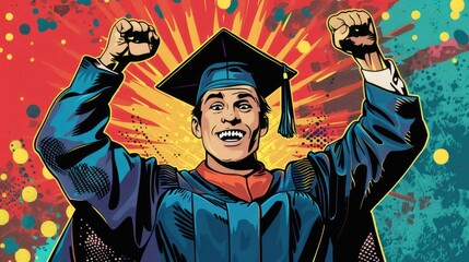 Pop Art Concept: Man in University Graduation Gown and Cap, Celebrating Academic Achievement with a Colorful Background in Retro Comic Style
