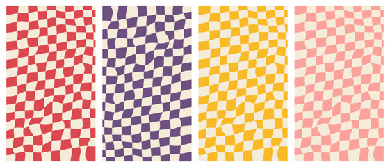 Wall Mural - Vector set of groovy poster set. Vertical checkerd backgrounds in trendy retro 70s style.
