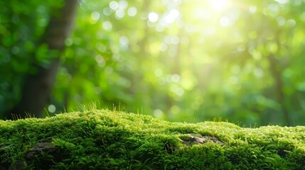 Poster -  A tight shot of a moss-covered rock, positioned before a forest Sunlight filters through the leaves, casting dappled patterns Soft focus graces the foreground