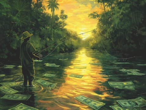 A man is fishing in a river with a lot of money floating in the water. The scene is serene and peaceful, with the man enjoying his time by the water