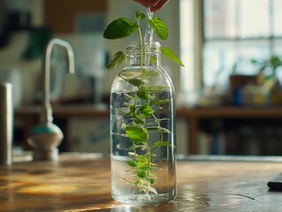 A glass jar filled with water and green plants. The plants are growing in the water and the jar is placed on a wooden table