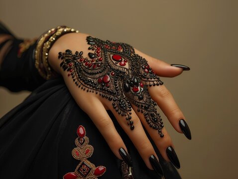A woman's hand is adorned with a black and red henna design. The design is intricate and detailed, with many small red beads and black accents. The woman is sitting on a chair
