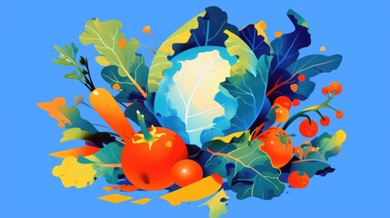 Poster - A vibrant icon depicting cabbage as part of a collection of fruits and vegetables