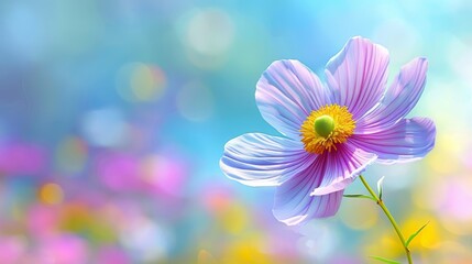 Wall Mural -  A purple flower with a yellow center against a blue-pink background The flower's center and tip are yellow