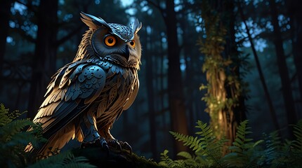 Wall Mural -  metal owl with glowing yellow eyes is perched on a branch in a dark forest.