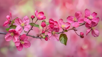 Wall Mural -  A branch of pink flowers against a pink backdrop, their green leaves contrasting sharply Background blurred with pink hues, leaves and flowers softly out of focus