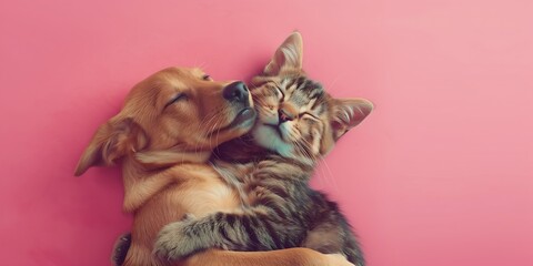 Photo of dog and cat next to each other lying on pink background, soft light, pet relief concept, pets, care and maintenance, cute animals in home environment