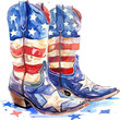© RAJONI KUMAR SHAHA - 4th of july Watercolor Cowgirl Boots Clipart, Independence Day of America, Memorial, Flag Day party celebration decor concept.