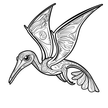 fabulous kind, cute pterodactyl with large details with a black outline on a white background for coloring in a minimalist style