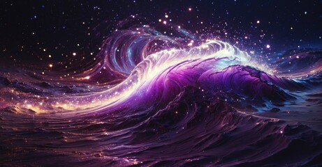 Wall Mural - abstract artwork with purple particle wave and radiant stars.