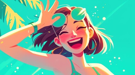 A cheerful young woman enjoying her summer break depicted as a cartoon character enthusiastically waving hello at a sunny beach resort She s donning a swimsuit and stylish sunglasses exudin