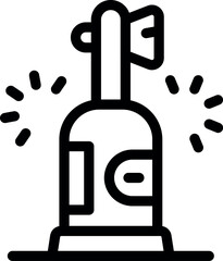 Poster - Cartoon air compressor icon in black and white line art illustration with pressure gauge, hose, and other pneumatic equipment vector graphic for machinery maintenance, construction, and diy work