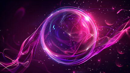 Wall Mural - Abstract neon energy sphere of particles and waves of magical glowing on a dark background, circle and loop frames with magic purple and pink flame and sparks isolated