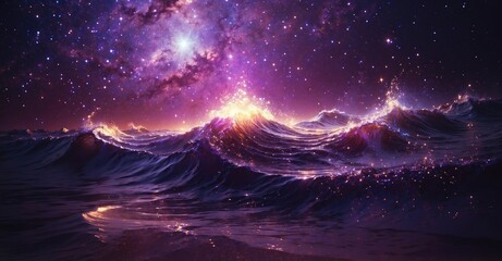 Wall Mural - radiant stars and purple particle wave, captivating abstract background