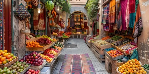 Wall Mural - Vibrant Moroccan Market Stalls Brimming with Exotic Fruits, Textiles, and Crafts. Concept Moroccan Market, Exotic Fruits, Textiles, Crafts, Vibrant Stalls