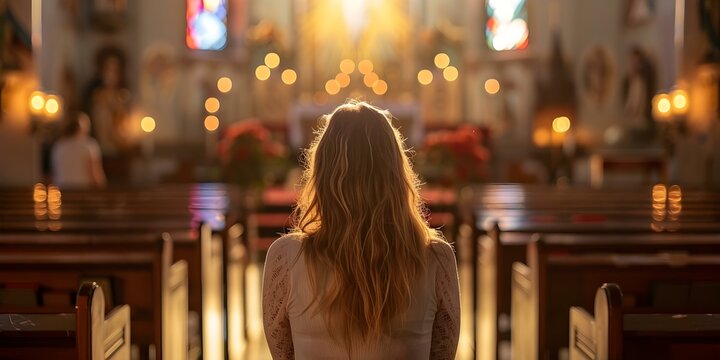 A woman bows her head in prayer surrounded by the church ambiance. Concept Religious Inspiration, Church Photography, Spiritual Moment