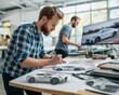 © Dni497 Studio - Designers working on futuristic car models in a modern studio, surrounded by digital and paper sketches. Creative automotive industry.