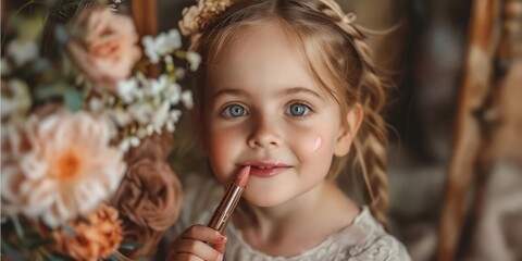 A little girl is holding a lipstick and looking at flowers.