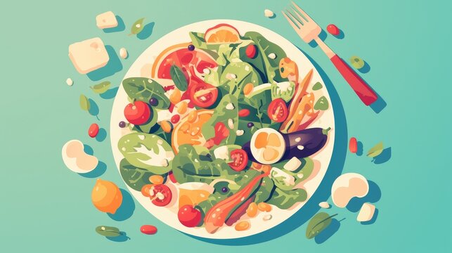 a vibrant cartoon isometric flat 2d illustration showcasing a plate filled with healthy food options