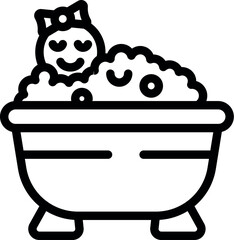 Sticker - Black and white line art of a playful cartoon baby bathtub full of foam, suitable for kids' designs