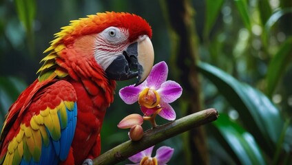 scarlet macaw perched beside vibrant orchid in lush rainforest. exotic birdlife in costa rica.