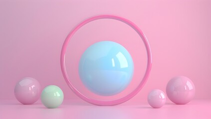 Poster - 3d render of abstract pastel spheres and circle on pink background, minimalistic style, 
