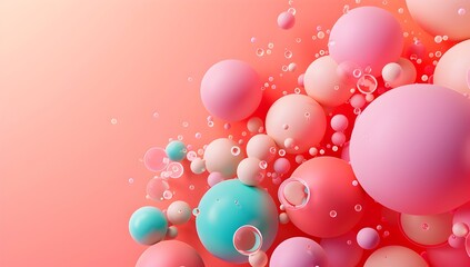 Poster - 3d render of abstract pastel spheres and circle on pink background, minimalistic style, 
