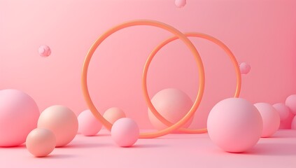 Poster - 3d render of abstract pastel spheres and circle on pink background, minimalistic style, 
