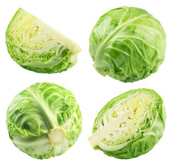 Wall Mural - set of whole cabbage and halves isolated on a transparent background.