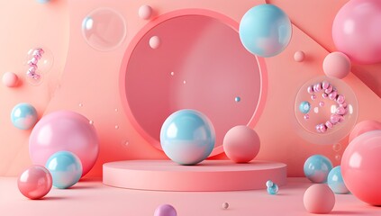 Poster - 3d render of abstract pastel spheres and circle on pink background, minimalistic style, 
