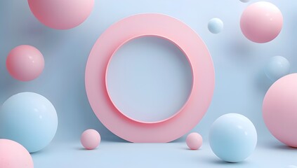 Wall Mural - abstract composition of pastel spheres with circle in the middle, 3d render, simple background, minimal concept 
