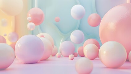 Poster - abstract minimalistic 3d scene with spheres, soft pastel colors, empty space in the middle 

