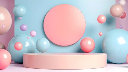 Poster - abstract minimalistic 3d scene with spheres, soft pastel colors, empty space in the middle 
