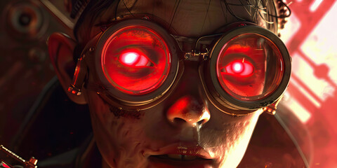 A steampunk inventor, their goggles reflecting red light, tinkers with ancient machinery, bringing it to life once