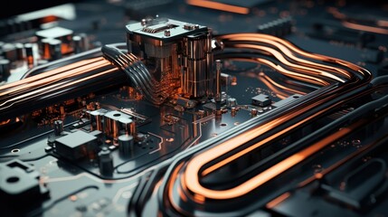 Poster -  futuristic robot arm delicately assembling a complex circuit board. 